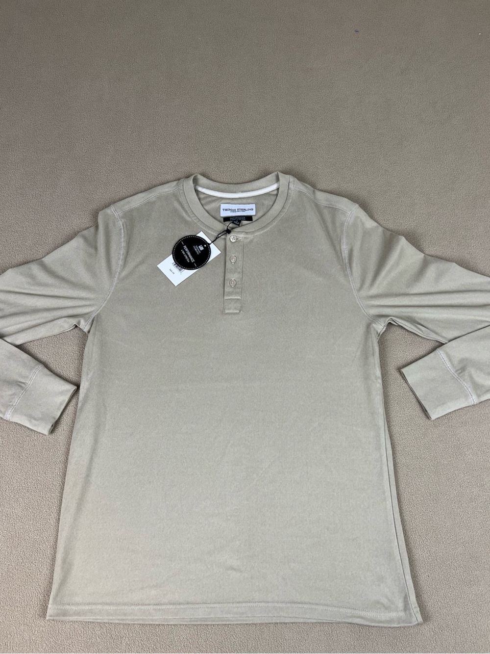 Thomas Sterling Henley Button Long Sleeve Shirt, Khaki. 4 Way Stretch Men's Sz S